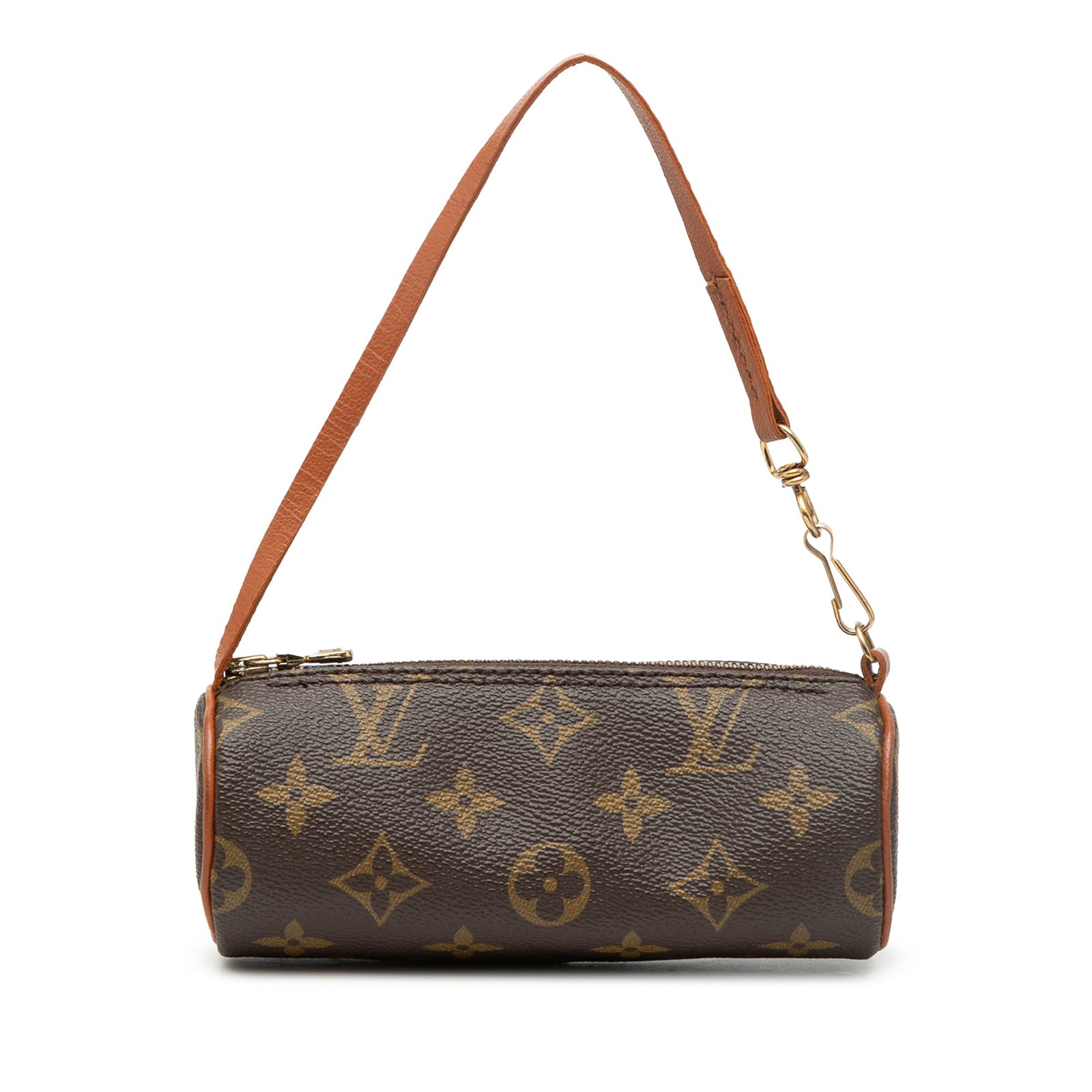 Louis Vuitton Papillon Pochette Brown Monogram Canvas Bag with Leather Trim: Louis Vuitton Papillon Pochette Brown Monogram Canvas Bag with Leather Trim The Louis Vuitton Papillon Pochette features a monogram canvas body accented with leather trim, a flat leather strap, and a 