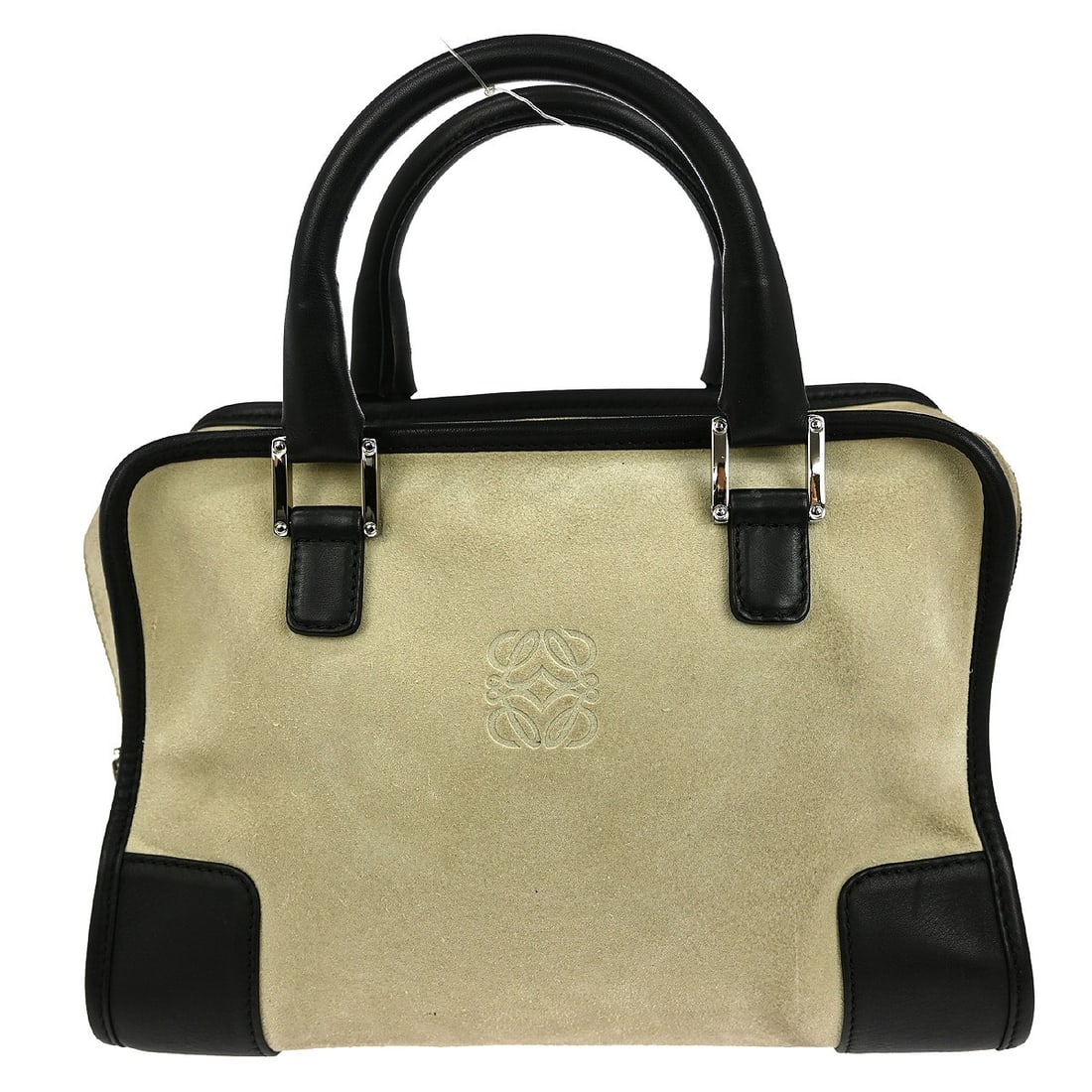 Loewe Amazona 28 Beige Suede Medium Top Handle Bag with Double Handles: Loewe Amazona 28 Beige Suede Medium Top Handle Bag with Double Handles This Loewe Amazona 28 handbag features a beige suede exterior with leather double handles and a zip closure. The medium-sized top