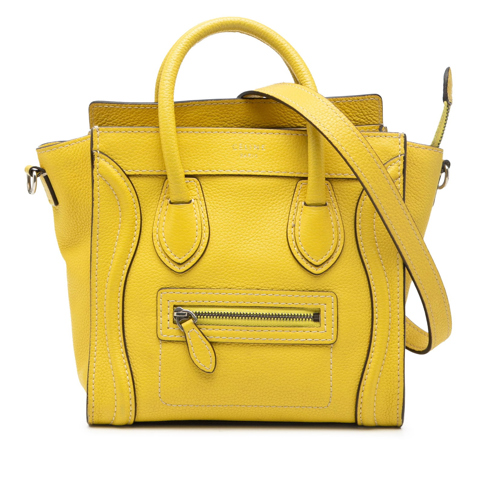 Celine Nano Luggage Tote Yellow Grained Calfskin Leather Handbag: Celine Nano Luggage Tote Yellow Grained Calfskin Leather Handbag This Celine Nano Grained Calfskin Luggage Tote features a yellow leather body with rolled leather handles, a detachable flat leather sh
