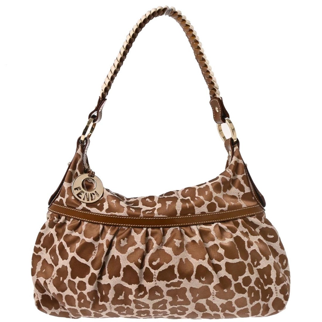 Fendi Leopard Pattern Canvas Brown Top Handle Medium Handbag 8BR448-A08: Fendi Leopard Pattern Canvas Brown Top Handle Medium Handbag 8BR448-A08 This Fendi handbag features a striking brown leopard print pattern on canvas with brown leather top handles. It has a medium siz