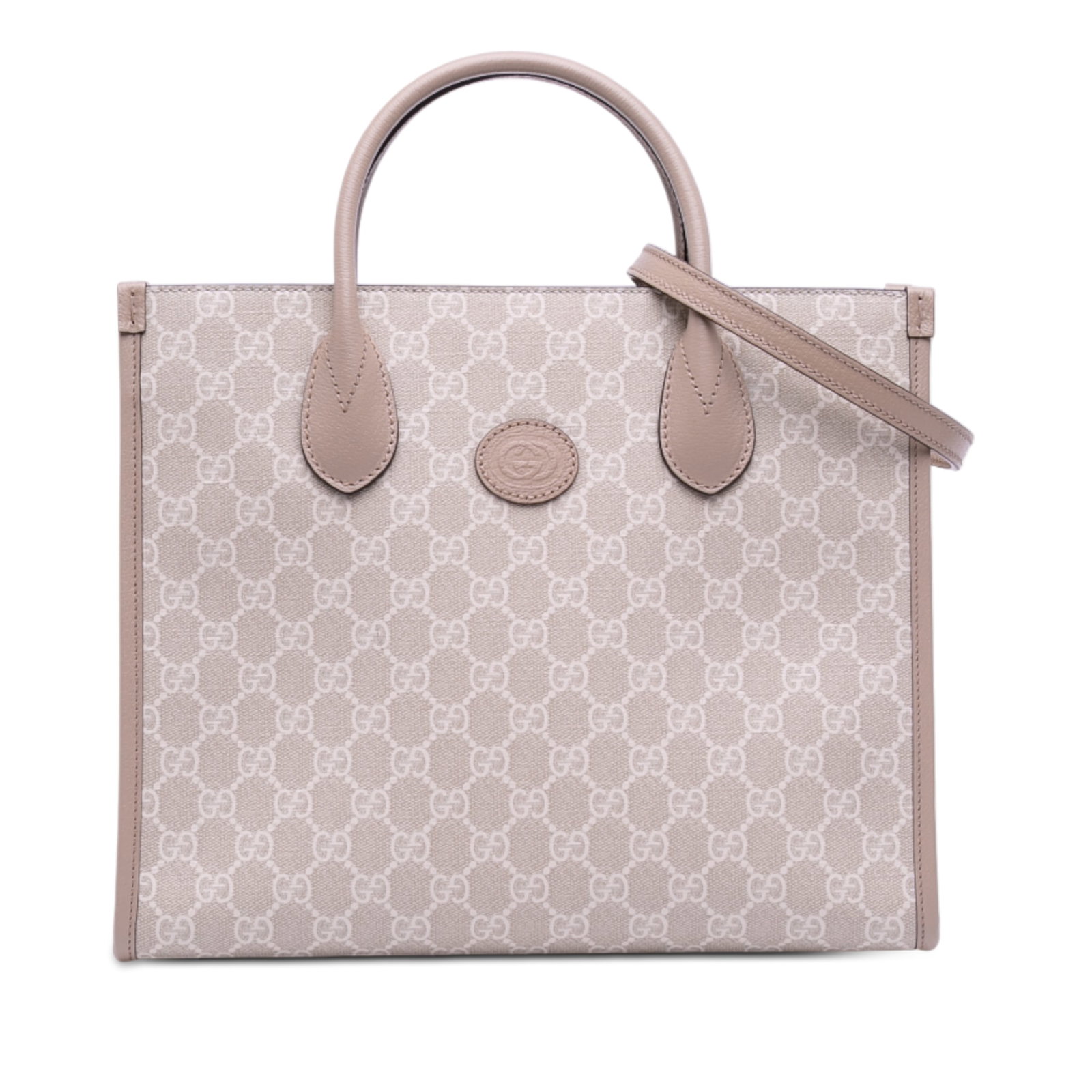 Gucci GG Supreme Small Tote with Interlocking G and Leather Trim: Gucci GG Supreme Small Tote with Interlocking G and Leather Trim This Gucci Small GG Supreme Interlocking G Tote features a coated canvas body with leather trim, rolled leather handles, and a detachab