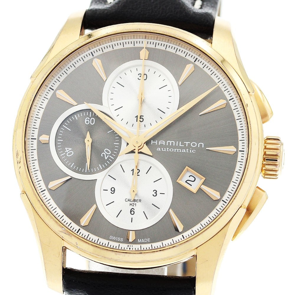 Hamilton Jazzmaster H325460 automatic chronograph date wristwatch: Hamilton Jazzmaster H325460 automatic chronograph date wristwatch This Hamilton Jazzmaster Chronograph men's wristwatch features a stainless steel and gold-plated case paired with a leather bracelet. 