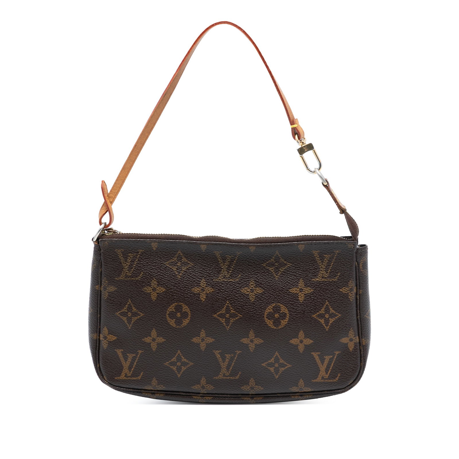 Louis Vuitton Pochette Accessoires Monogram Canvas Bag with Leather Handle: Louis Vuitton Pochette Accessoires Monogram Canvas Bag with Leather Handle This Louis Vuitton Monogram Pochette Accessoires features the iconic monogram canvas body, a flat vachetta leather handle, an