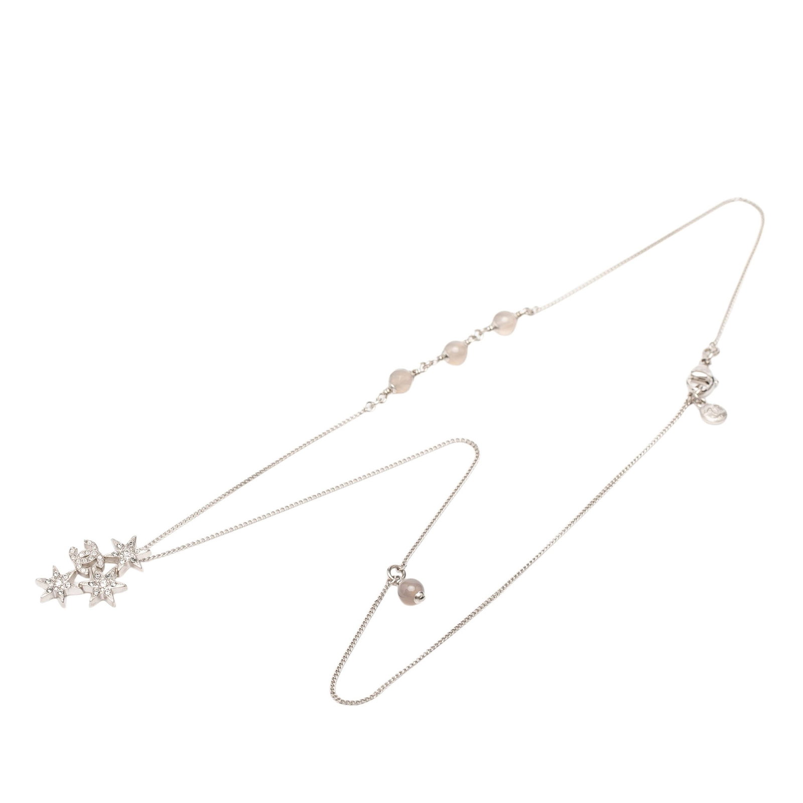 Chanel Star Pendant Necklace with Silver Plated Beads and Rhinestones: Chanel Star Pendant Necklace with Silver Plated Beads and Rhinestones This Chanel necklace features a silver-plated chain adorned with bead details and a star-shaped pendant embellished with rhineston