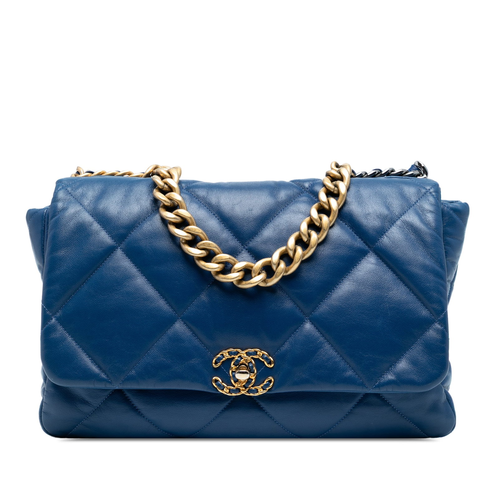 Chanel Maxi 19 Flap Blue Lambskin Leather Bag: Chanel Maxi 19 Flap Blue Lambskin Leather Bag The Chanel Maxi Lambskin 19 Flap bag is a luxurious accessory crafted from soft quilted lambskin leather in a stunning blue hue. This elegant bag features
