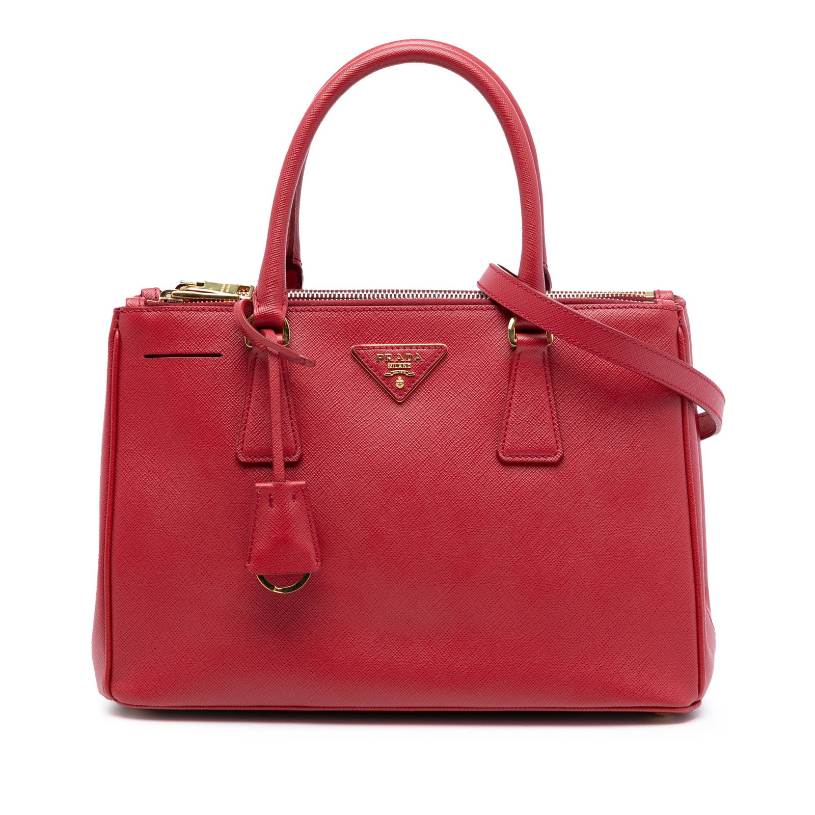 Red Prada Galleria Medium Saffiano Lux Double Zip Leather Satchel Bag: Red Prada Galleria Medium Saffiano Lux Double Zip Leather Satchel Bag This Prada Medium Saffiano Lux Galleria Double Zip Satchel features a saffiano leather body in red, rolled leather handles, a deta