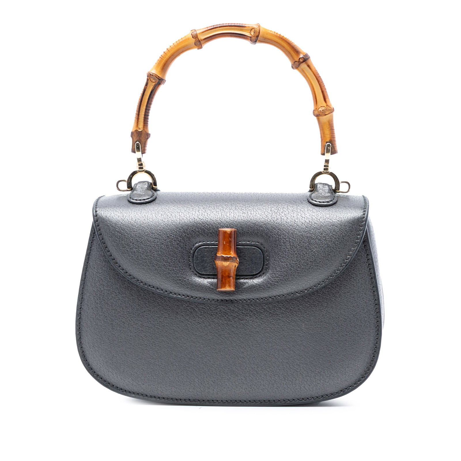 Small Bamboo Night Leather Bag with Bamboo Handle by Gucci: Small Bamboo Night Leather Bag with Bamboo Handle by Gucci This Gucci Small Calfskin Bamboo Night bag features a leather body in gray, a distinctive bamboo top handle, a flap with bamboo turn lock clo