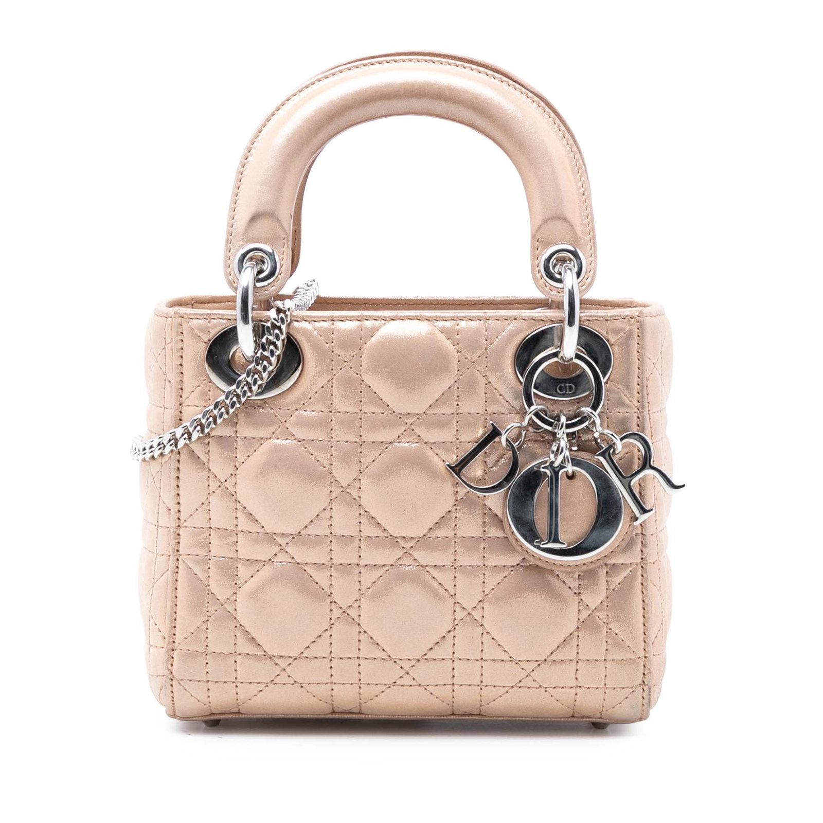 Dior Lady Dior Mini Bag Iridescent Quilted Lambskin Beige: Dior Lady Dior Mini Bag Iridescent Quilted Lambskin Beige This Mini Iridescent Lambskin Cannage Lady Dior bag features a quilted lambskin exterior in beige, flat leather top handles, and a detachable 