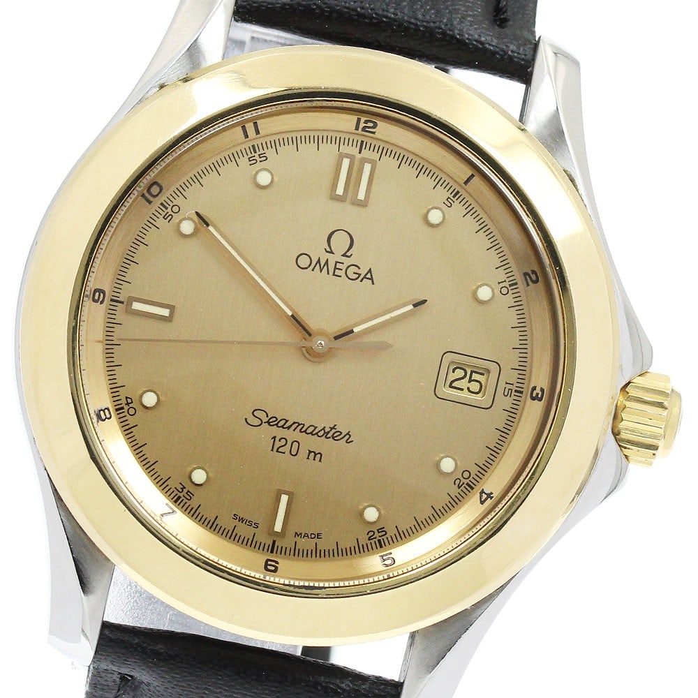 Omega Seamaster 120 Quartz Date Men's Watch Gold Tone Bezel: Omega Seamaster 120 Quartz Date Men's Watch Gold Tone Bezel This OMEGA Seamaster 120 men's wristwatch features a stainless steel case with a yellow gold bezel and a gold-tone dial. The watch is powere