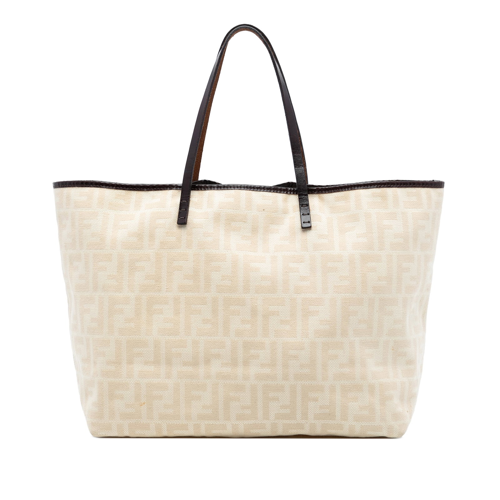 Fendi Zucca Canvas Medium Tote with Leather Trim and Zip Pouch: Fendi Zucca Canvas Medium Tote with Leather Trim and Zip Pouch This Fendi Medium Zucca Canvas Roll Tote features a brown fabric canvas body with leather trim, flat leather straps, an open top, and a z