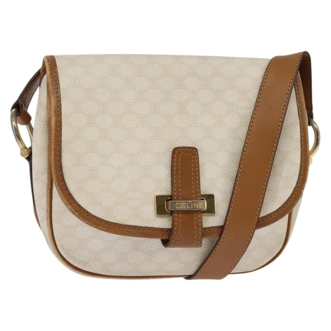Celine Macadam Canvas and Leather Vintage Shoulder Bag: Celine Macadam Canvas and Leather Vintage Shoulder Bag This Celine Vintage Macadam shoulder bag features an ecru canvas exterior with leather trim. Designed for women, the bag showcases the classic Ma