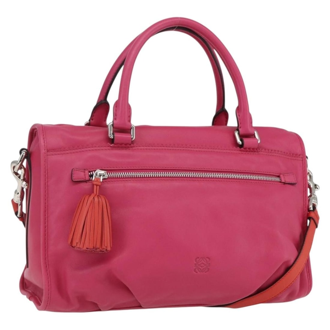 Loewe Seville Pink Leather Anagram 2way Handbag with Strap and Dust Bag: Loewe Seville Pink Leather Anagram 2way Handbag with Strap and Dust Bag This LOEWE Anagram Seville hand bag offers versatile styling with a 2-way design, crafted from pink and silver leather. The bag 