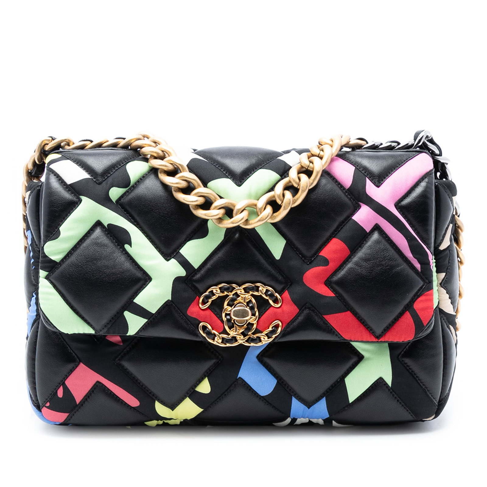 Chanel Fixation 19 Medium Flap Bag in Lambskin Leather and Printed Silk: Chanel Fixation 19 Medium Flap Bag in Lambskin Leather and Printed Silk This Chanel Medium 19 Flap bag showcases a quilted lambskin leather and printed silk body in black. It features a chain handle, 