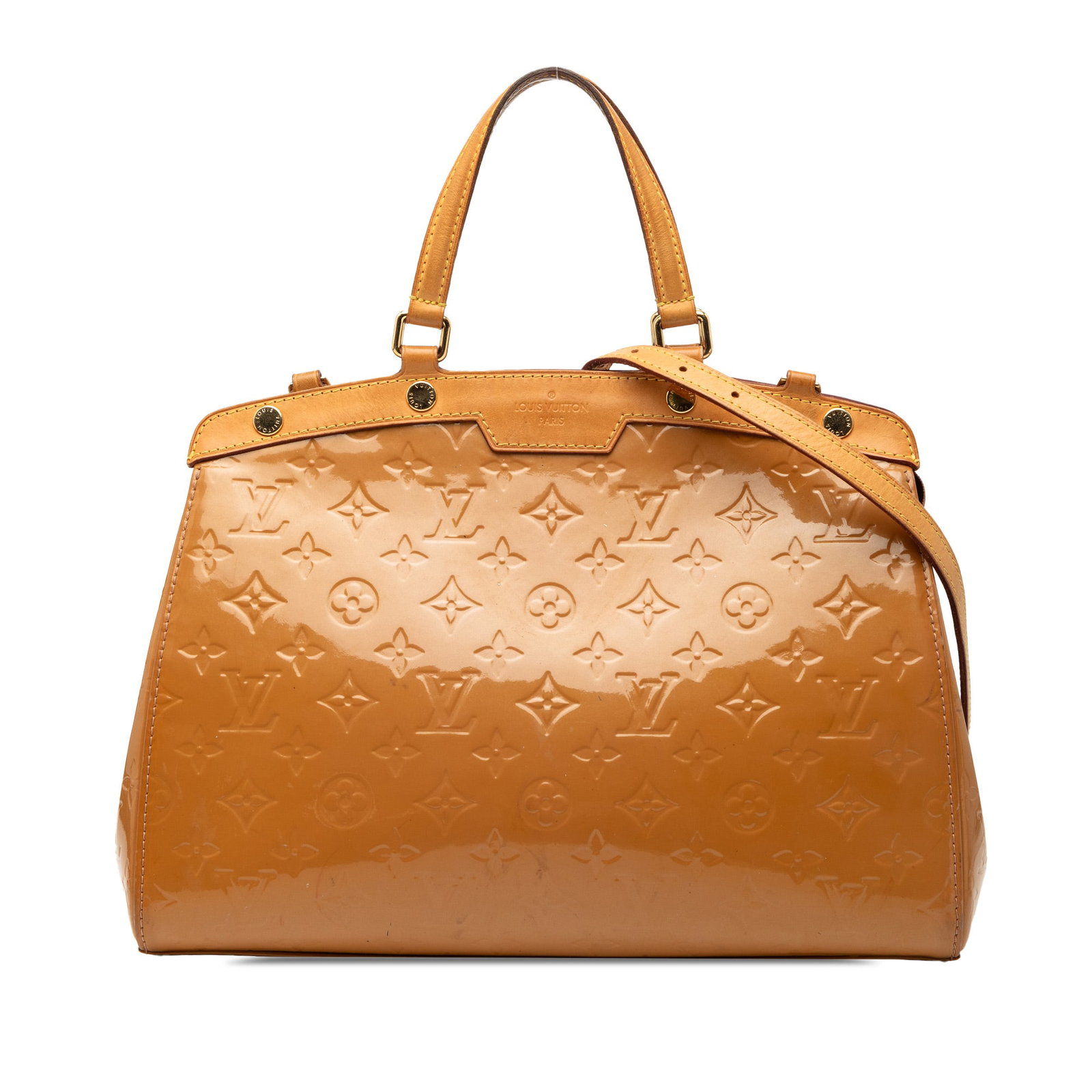 Louis Vuitton Brea MM Brown Monogram Vernis Leather Handbag with Strap: Louis Vuitton Brea MM Brown Monogram Vernis Leather Handbag with Strap This Louis Vuitton Monogram Vernis Brea MM features a monogram vernis leather body with flat vachetta leather handles and a detac