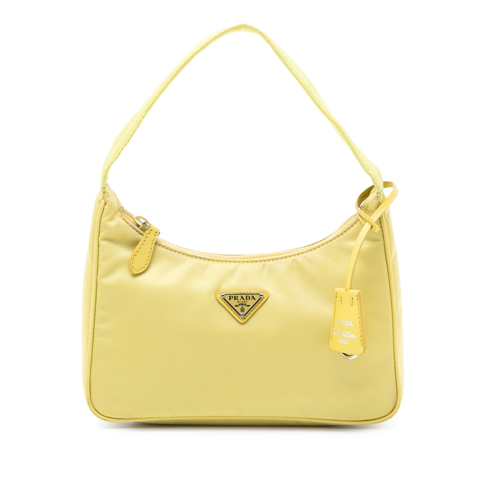 Prada Mini Tessuto Re Edition 2000 Yellow Nylon Shoulder Bag: Prada Mini Tessuto Re Edition 2000 Yellow Nylon Shoulder Bag This Prada Mini Tessuto Re Edition 2000 Shoulder Bag showcases a yellow nylon body with a flat strap and a top zip closure. The bag feature