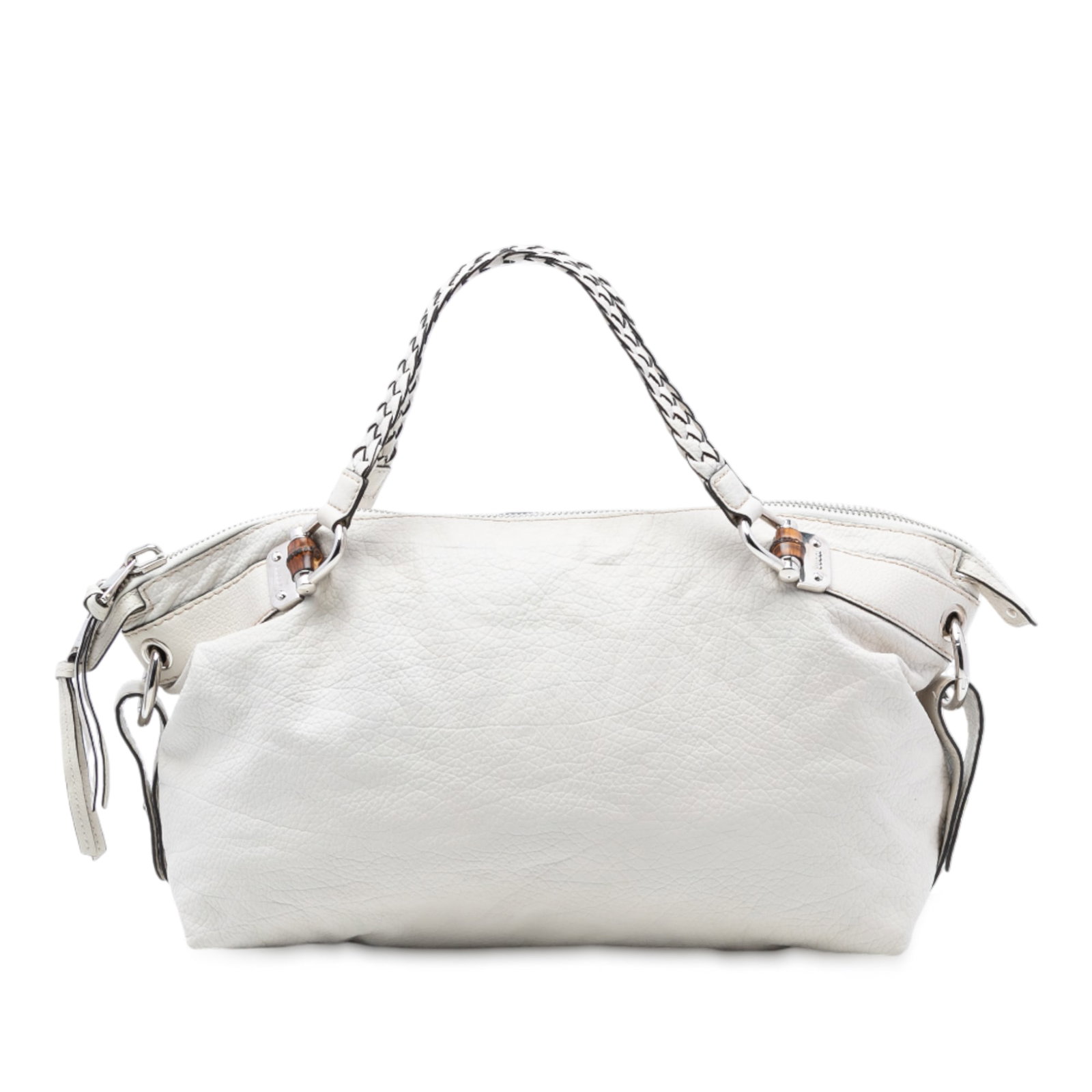 White Leather Tote with Bamboo Bar Medium by Gucci: White Leather Tote with Bamboo Bar Medium by Gucci This Gucci Medium Leather Bamboo Bar Tote showcases a white leather body with braided leather straps and a top zip closure. The interior features bot