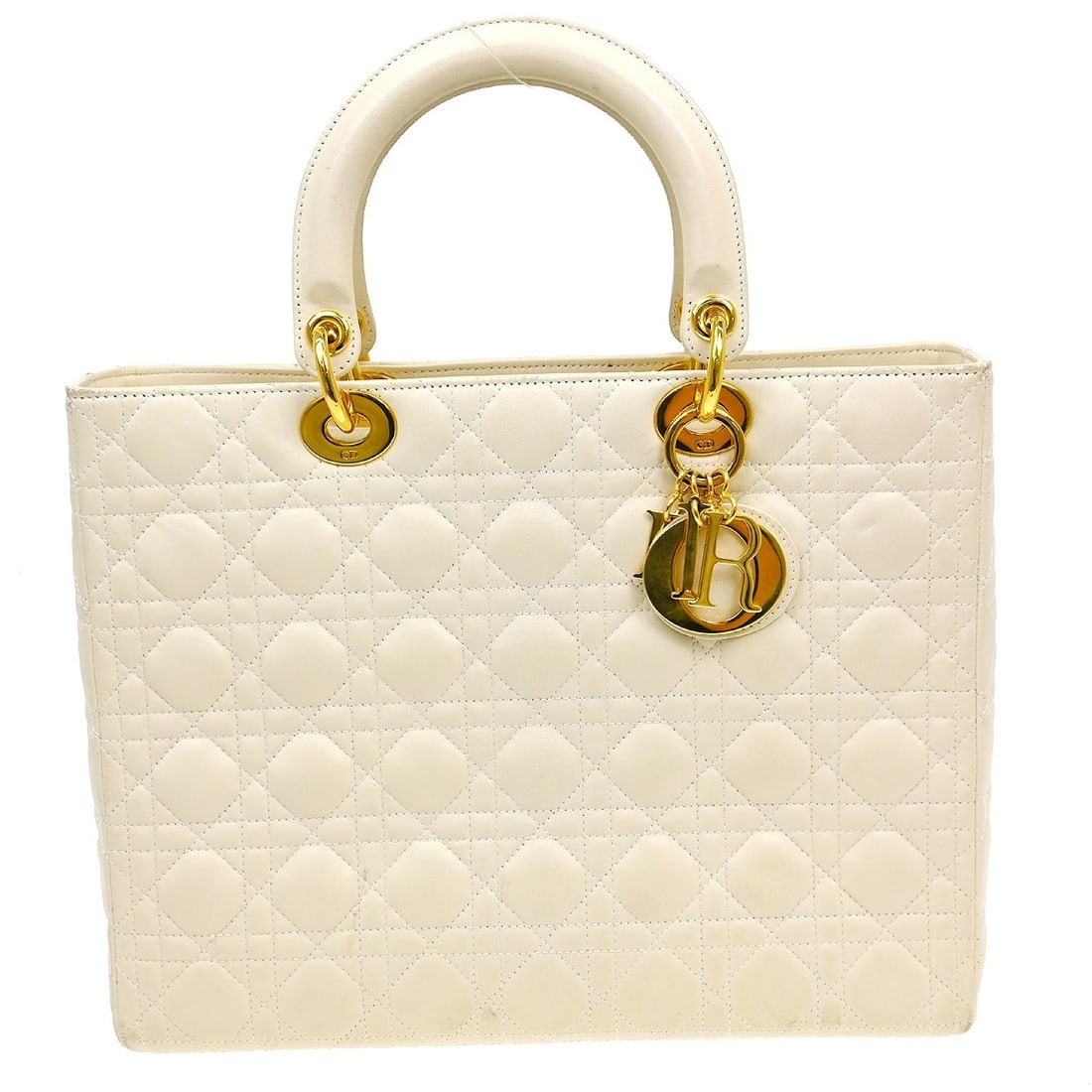 Dior Lady Dior Ivory Lambskin Cannage Top Handle Satchel: Dior Lady Dior Ivory Lambskin Cannage Top Handle Satchel This Christian Dior Lady Dior handbag features luxurious ivory lambskin with the signature Cannage quilted pattern. Designed in a large size, i