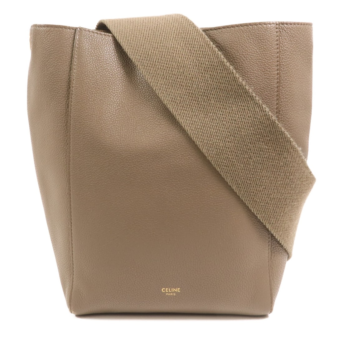 Celine Sangle Grey Calfskin Leather Shoulder Bag with Gold Hardware: Celine Sangle Grey Calfskin Leather Shoulder Bag with Gold Hardware This CELINE Sangle bucket shoulder bag is crafted from gray calfskin leather and features a sleek, minimalist design. The bag is des