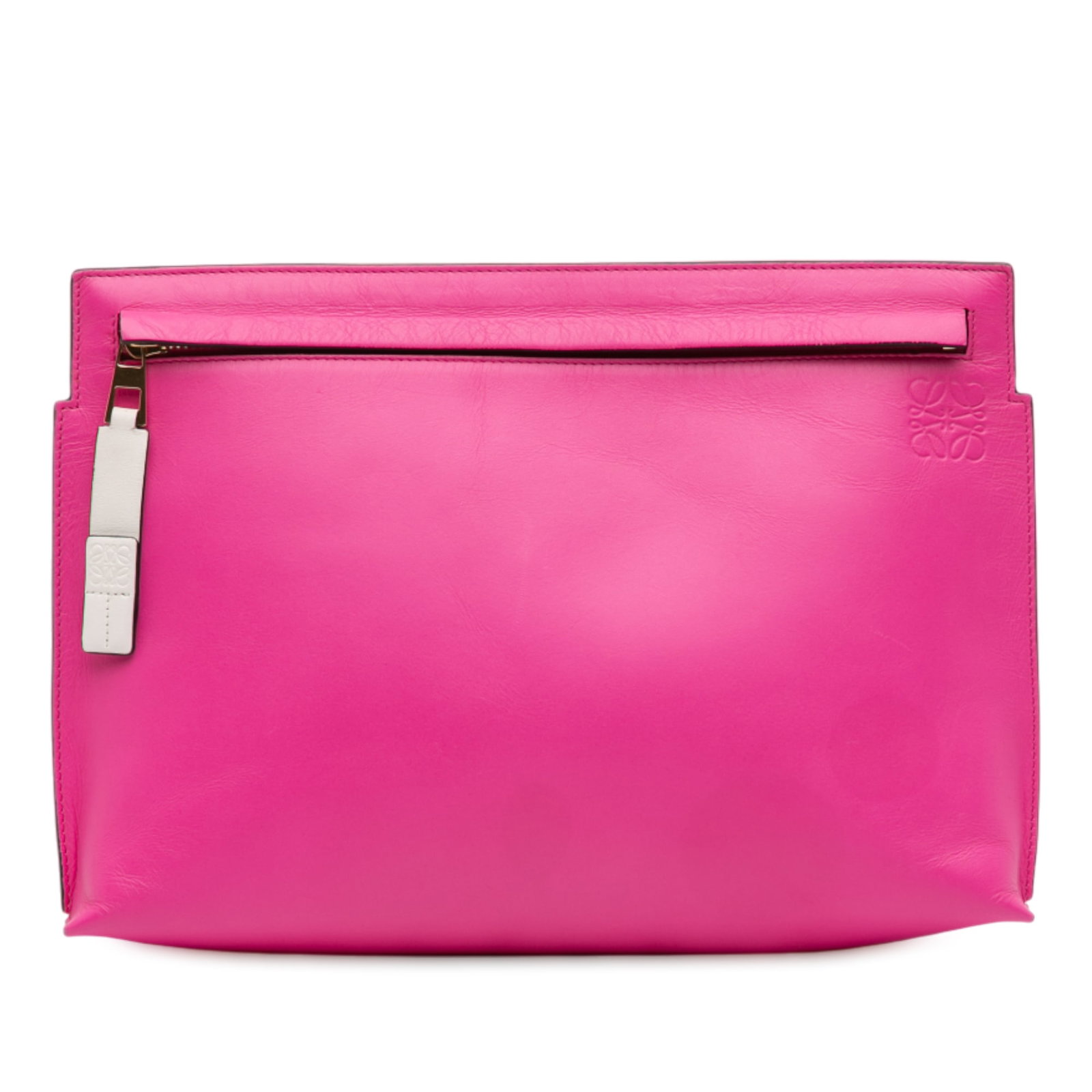 Loewe Bicolor Leather Anagram T Pouch Clutch Bag Pink: Loewe Bicolor Leather Anagram T Pouch Clutch Bag Pink This LOEWE Bicolor Leather Anagram T Pouch is crafted from high-quality leather, featuring a contrasting color design and leather trim. The clutch
