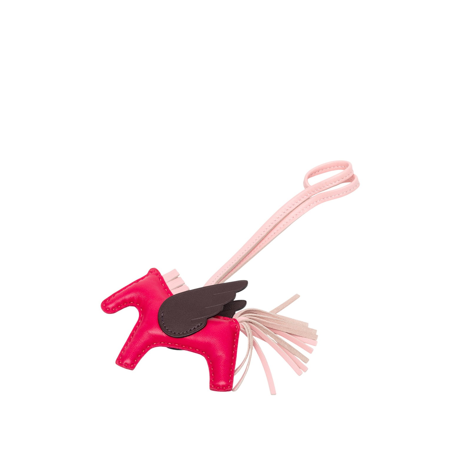 Hermes Grigri Rodeo Pegase PM Bag Charm in Milo Lambskin and Swift Leather: Hermes Grigri Rodeo Pegase PM Bag Charm in Milo Lambskin and Swift Leather The Hermes Grigri Rodeo Pegase PM bag charm is crafted from Milo lambskin and Swift leather in Framboise, Rose Sakura, and Ro
