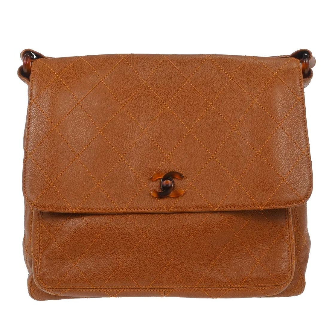 Brown Quilted Leather Shoulder Bag by Chanel with Turn Lock Closure: Brown Quilted Leather Shoulder Bag by Chanel with Turn Lock Closure This Chanel shoulder bag features brown calfskin leather with a quilted design and a straight flap secured by a turn lock closure. D