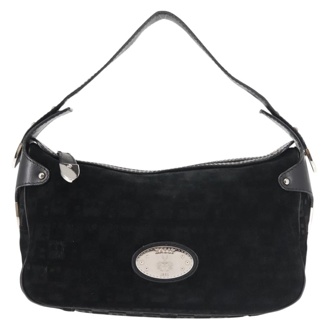 Bally Black Suede Vintage Shoulder Bag for Women: Bally Black Suede Vintage Shoulder Bag for Women This Bally vintage shoulder bag for women is crafted from black suede and features leather accents. Made in Italy, it offers a classic silhouette with 