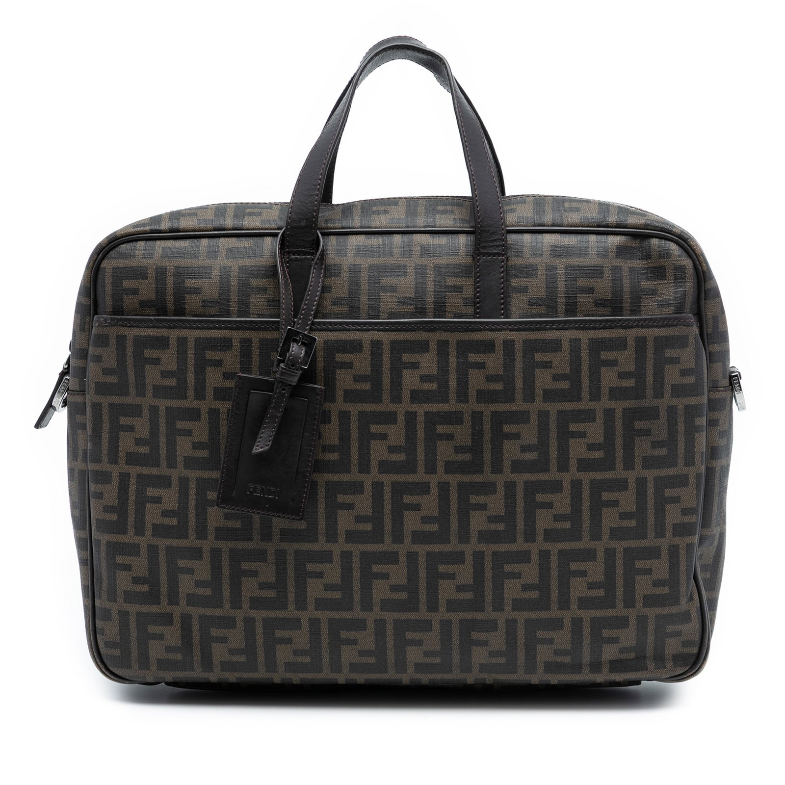 Fendi Zucca Pattern Brown Coated Canvas Briefcase with Leather Trim: Fendi Zucca Pattern Brown Coated Canvas Briefcase with Leather Trim This Fendi Zucca business bag features a durable coated canvas body accented with leather trim. The design includes flat handles, a 