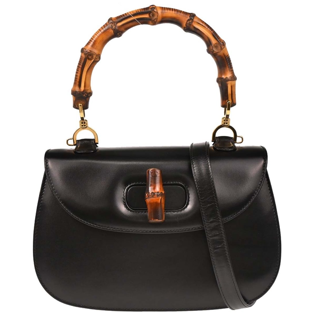 Gucci Black Bamboo 2way Handbag with Leather and Bamboo Accents: Gucci Black Bamboo 2way Handbag with Leather and Bamboo Accents This Gucci Black Bamboo 2way Handbag combines elegance with functionality. Crafted from high-quality leather, it features a striking bla