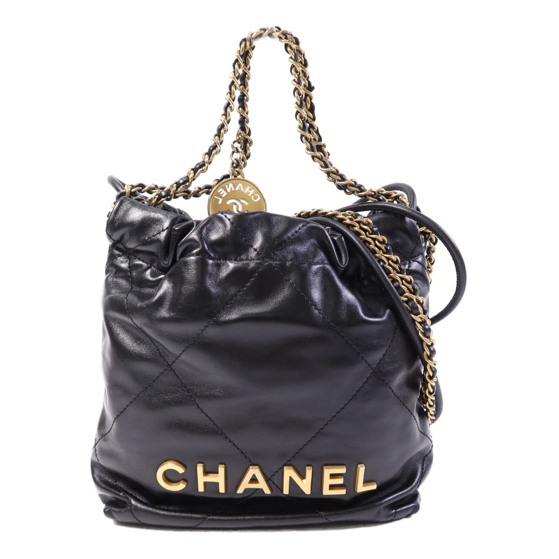 Chanel C22 Mini Black Calfskin Chain Shoulder Bag with Gold Hardware: Chanel C22 Mini Black Calfskin Chain Shoulder Bag with Gold Hardware This CHANEL CC C22 Mini Chain Shoulder Bag is crafted from black calfskin leather and features a classic chain strap design. The ba