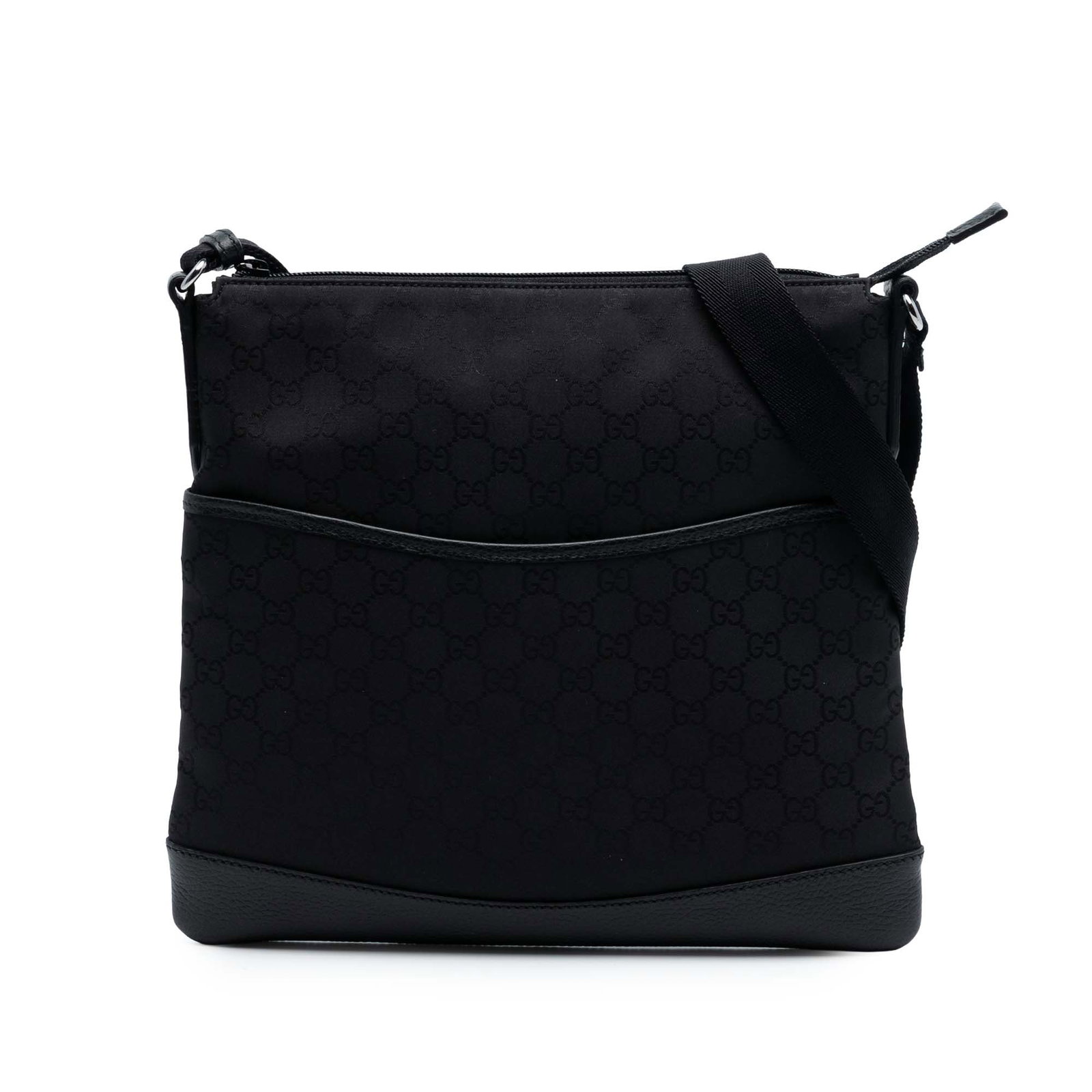Gucci GG Canvas Black Crossbody Messenger Bag with Leather Trim: Gucci GG Canvas Black Crossbody Messenger Bag with Leather Trim This Gucci GG Canvas Flat Messenger Bag features a canvas body with leather trim, an adjustable flat canvas strap, a top zip closure, an