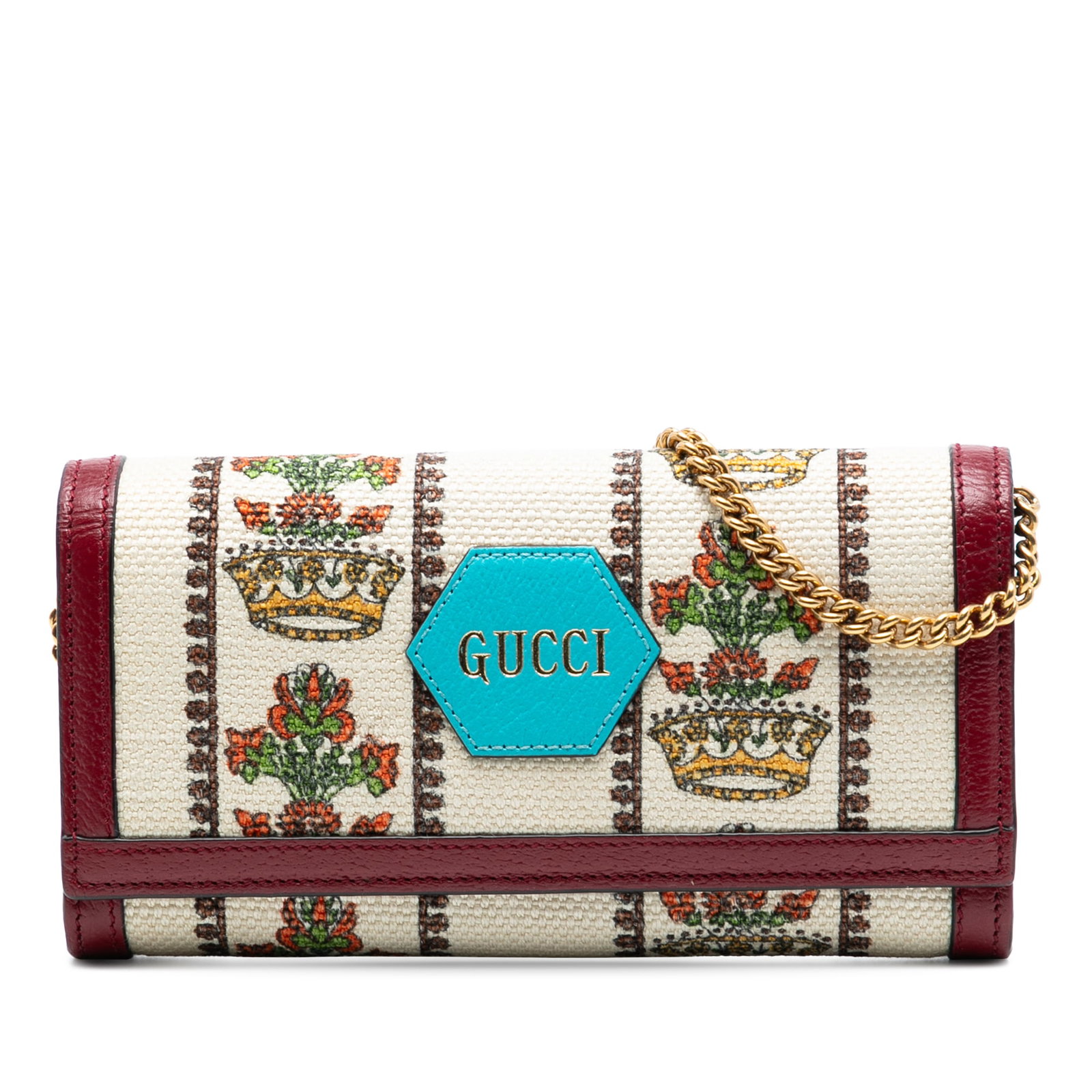 Gucci 100 Centennial Floral Crown Chain Wallet Crossbody Bag: Gucci 100 Centennial Floral Crown Chain Wallet Crossbody Bag This Gucci Canvas 100 Centennial Floral Crown Wallet On Chain features a printed coated canvas body with a floral crown motif. It is design
