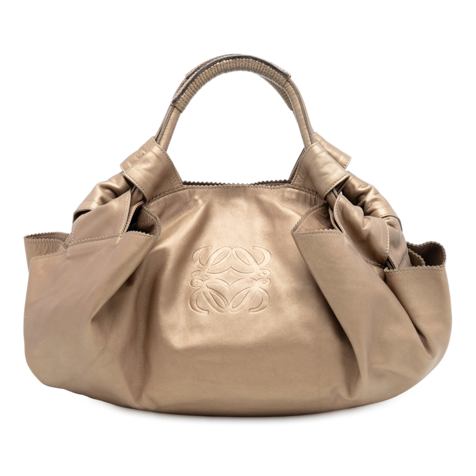 Loewe Nappa Aire Gold Leather Tote Bag with Magnetic Closure: Loewe Nappa Aire Gold Leather Tote Bag with Magnetic Closure This LOEWE Nappa Aire bag features a gold nappa leather body with rolled leather handles. It has an open top secured by a magnetic snap clo