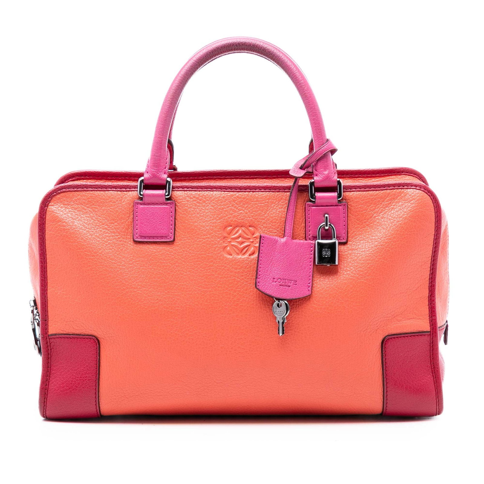 Loewe Amazona 36 Handbag in Tricolor Goatskin Leather: Loewe Amazona 36 Handbag in Tricolor Goatskin Leather This LOEWE Amazona 36 handbag features a tricolor goatskin leather body, rolled leather handles, a top zip closure, and interior zip and slip pock
