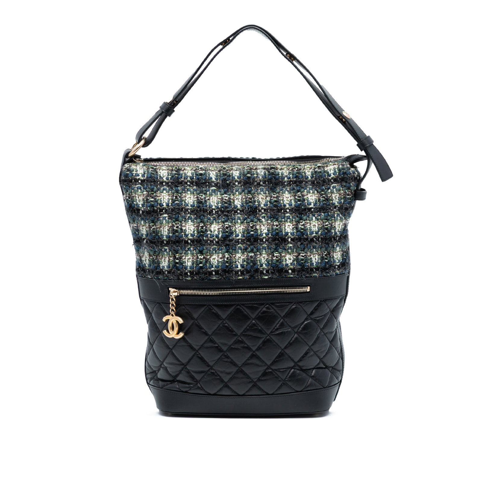 Chanel Hobo Bag Quilted Aged Calfskin and Tweed with Adjustable Strap: Chanel Hobo Bag Quilted Aged Calfskin and Tweed with Adjustable Strap This Chanel hobo bag showcases a combination of quilted aged calfskin leather and tweed in black. It features an adjustable flat l