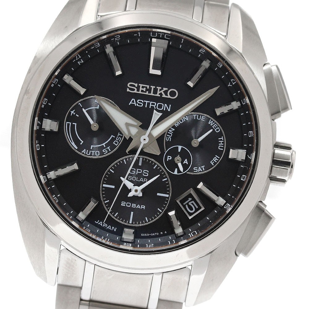 SEIKO Astron Titanium Solar Radio Controlled Day-Date Watch: SEIKO Astron Titanium Solar Radio Controlled Day-Date Watch This Seiko Astron SBXC067/5X53-0AV0 men's wristwatch features a titanium case and bracelet with a black dial. It is powered by a solar radio