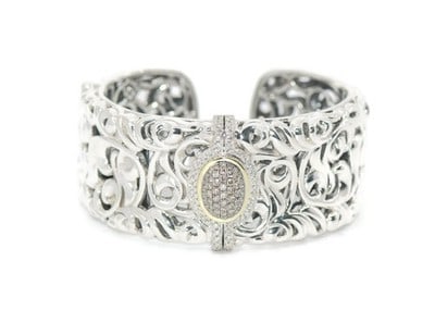 Charles Krypell cuff bracelet sterling silver 18K diamond 30mm: Charles Krypell cuff bracelet sterling silver 18K diamond 30mm This bracelet by Charles Krypell features a combination of 18K gold and sterling silver. It has a substantial width of 30mm and weighs 10
