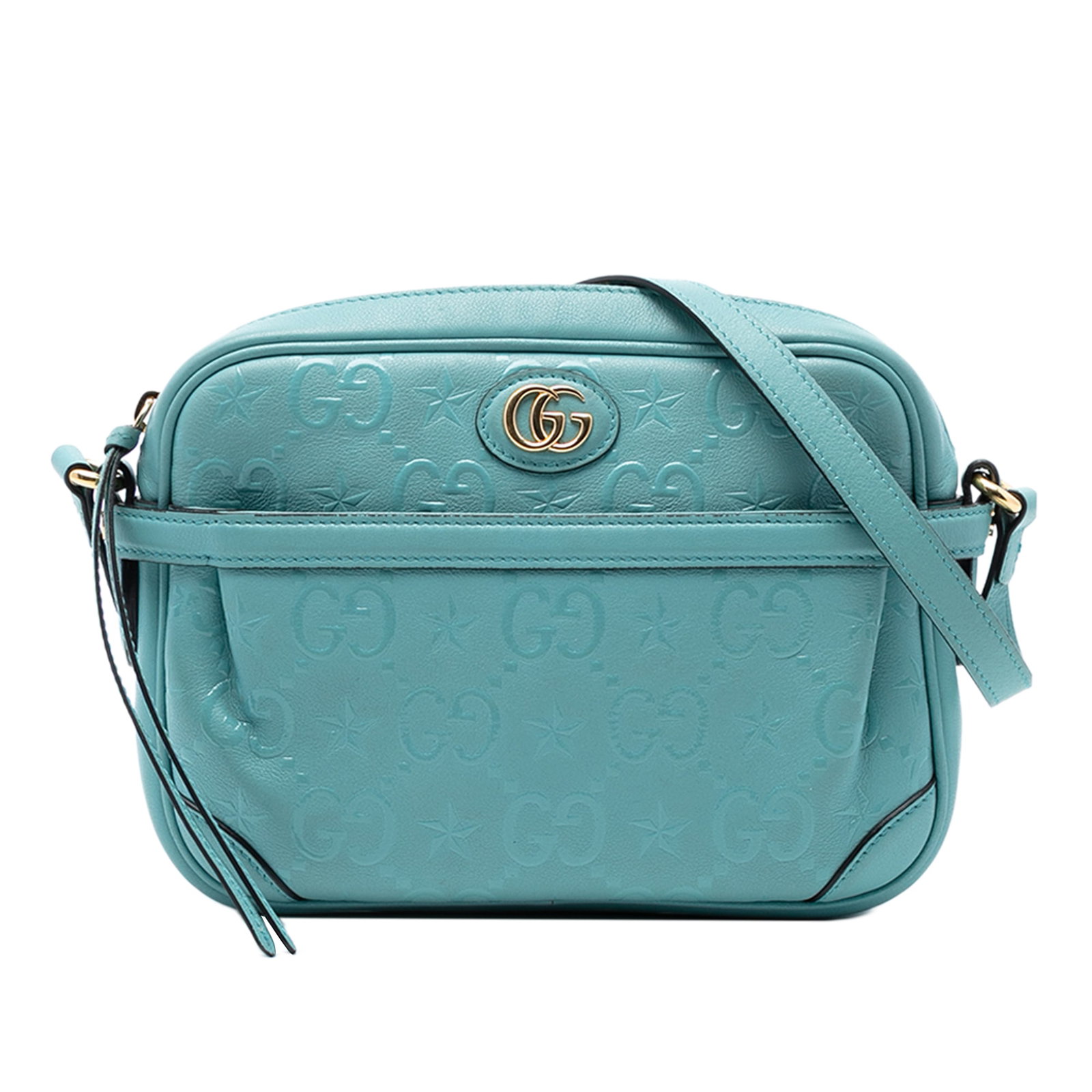 Blue GG Star Embossed Leather Crossbody Bag by Gucci: Blue GG Star Embossed Leather Crossbody Bag by Gucci This Gucci GG Star Embossed Leather Crossbody features a blue embossed leather body with star detailing, an adjustable flat leather strap, a top zi