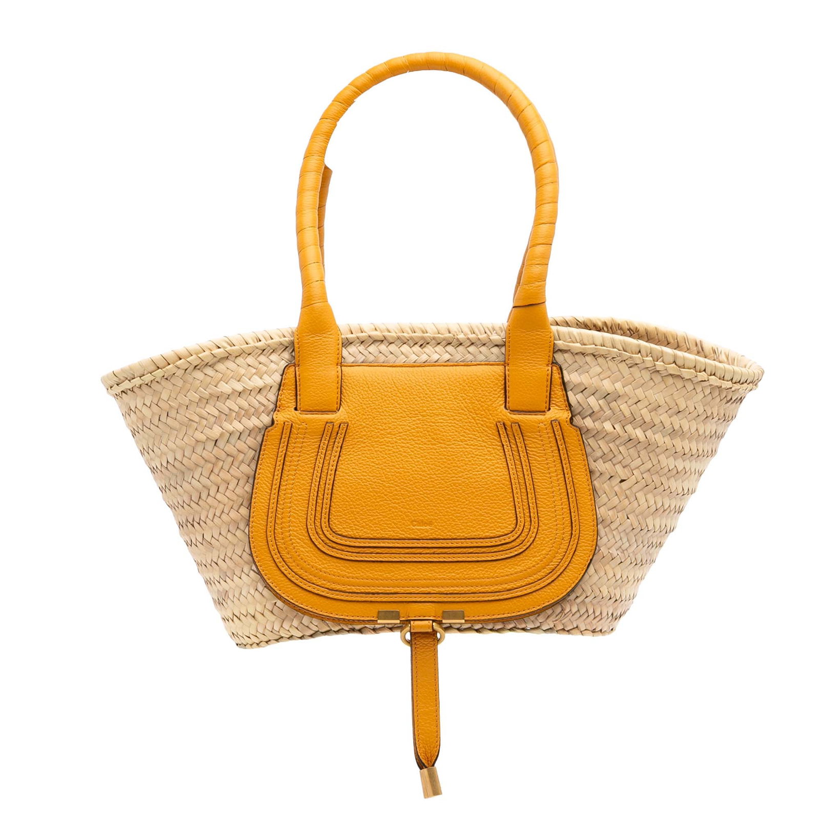 Chloe Medium Raffia Marcie Basket Tote in Brown with Leather Handles: Chloe Medium Raffia Marcie Basket Tote in Brown with Leather Handles The Chloe Medium Raffia Marcie Basket Tote is a stylish and functional accessory, perfect for everyday use. This tote features a be