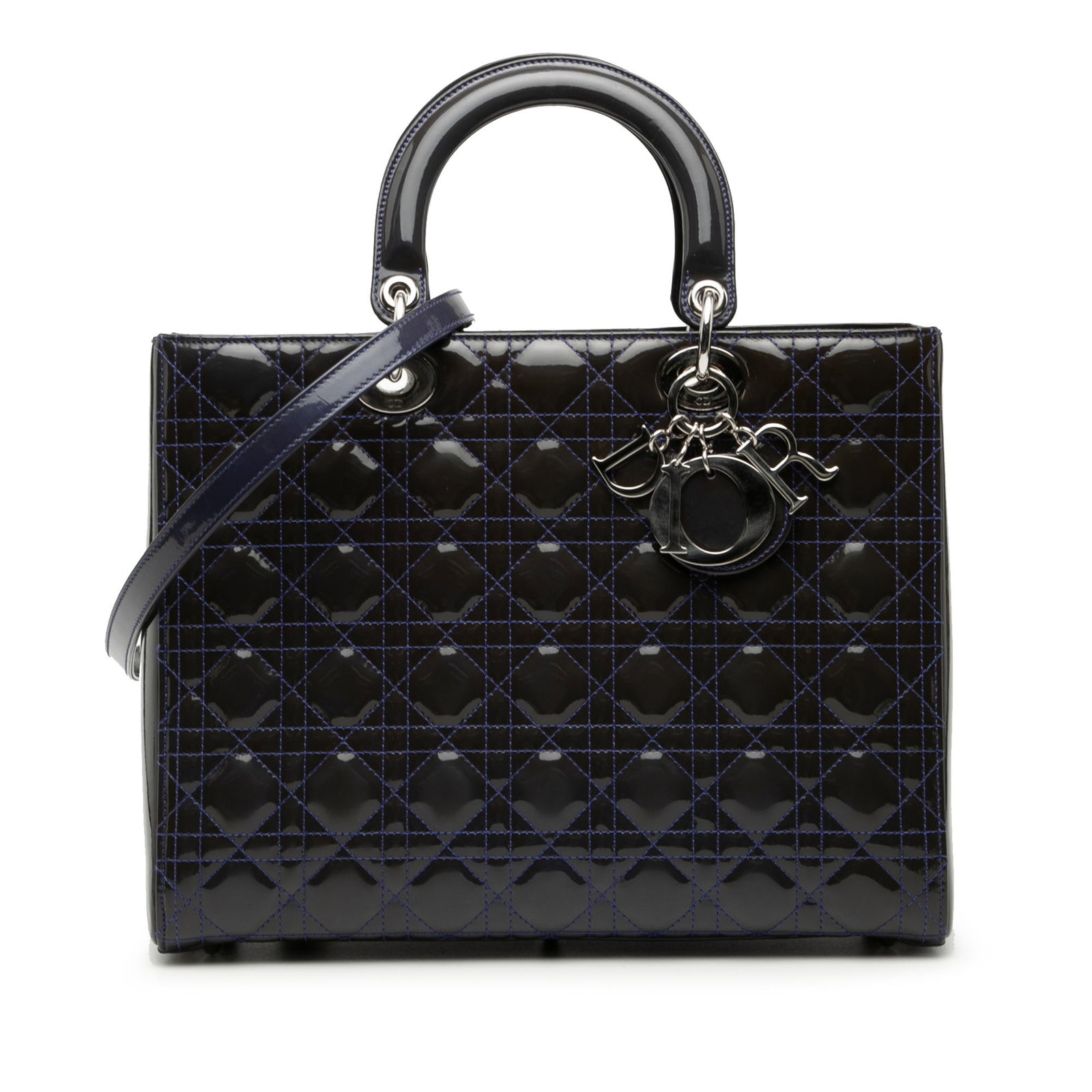 Dior Lady Dior Large Purple Patent Cannage Leather Shoulder Bag: Dior Lady Dior Large Purple Patent Cannage Leather Shoulder Bag This Lady Dior handbag features a quilted patent leather exterior in purple, rolled leather top handles, and a detachable flat leather s