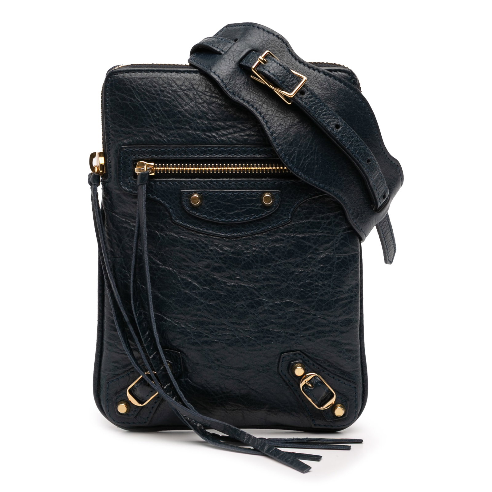 Balenciaga Motocross Classic Blue Lambskin Crossbody Phone Bag: Balenciaga Motocross Classic Blue Lambskin Crossbody Phone Bag This Balenciaga Lambskin Motocross Classic Phone Holder Bag features a blue lambskin leather body with an adjustable flat leather strap, 