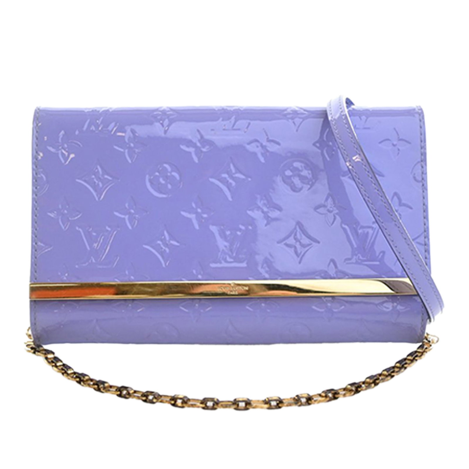 Monogram Vernis Ana Purple Leather Shoulder Bag with Chain Strap: Monogram Vernis Ana Purple Leather Shoulder Bag with Chain Strap This Louis Vuitton Monogram Vernis Ana bag features a purple vernis leather body, complemented by a gold-tone chain strap. The design i
