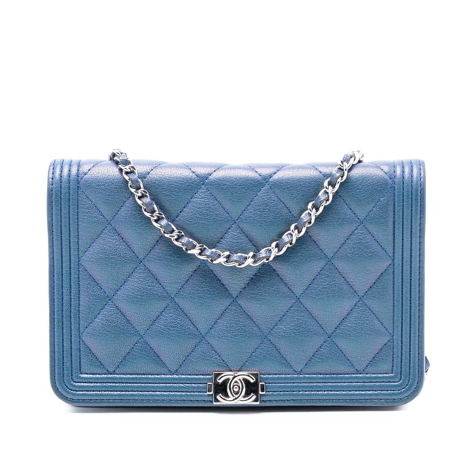 Blue Chanel Boy Chain Wallet Quilted Calfskin Leather Crossbody Bag: Blue Chanel Boy Chain Wallet Quilted Calfskin Leather Crossbody Bag This Chanel Boy Wallet on Chain is crafted from quilted calfskin leather in blue and features a leather woven chain strap, a front f