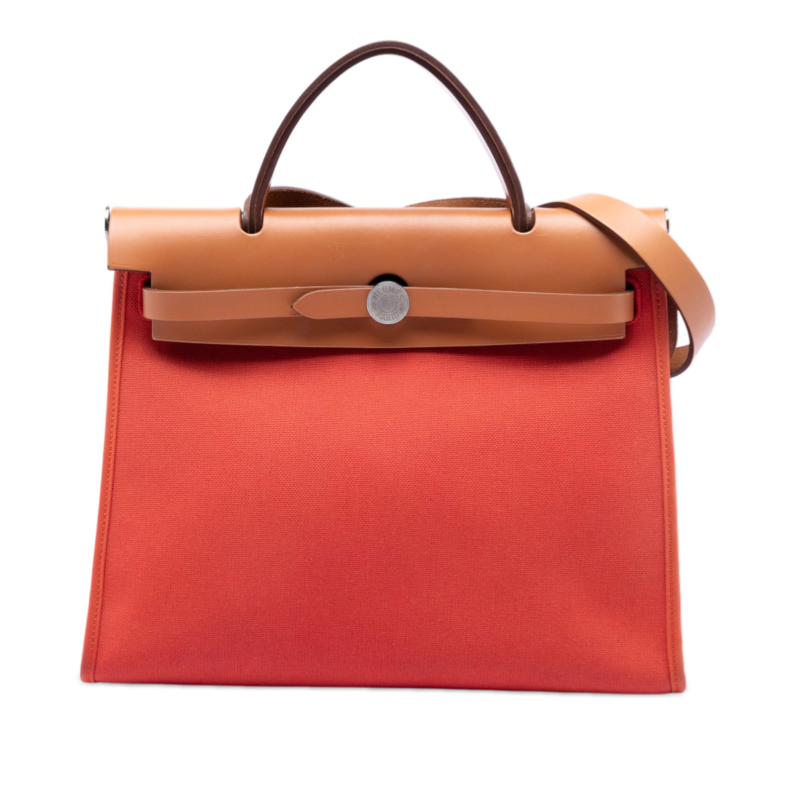 Hermes Herbag Zip 31 Orange Canvas and Leather Shoulder Bag: Hermes Herbag Zip 31 Orange Canvas and Leather Shoulder Bag The Hermes Toile Herbag Zip 31 is a versatile handbag featuring a canvas body with leather trim, a flat leather top handle, a flat leather s