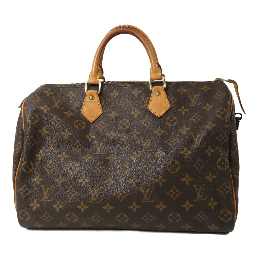 Louis Vuitton Speedy 35 Monogram Brown PVC Coated Canvas Handbag: Louis Vuitton Speedy 35 Monogram Brown PVC Coated Canvas Handbag This Louis Vuitton Speedy 35 handbag features the signature LV monogram pattern on brown PVC coated canvas, complemented by gold-tone h