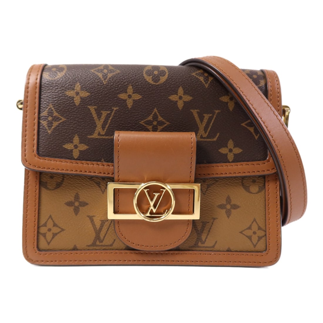 Louis Vuitton Mini Dauphine Monogram Reverse Brown Canvas Shoulder Bag M45959: Louis Vuitton Mini Dauphine Monogram Reverse Brown Canvas Shoulder Bag M45959 This Louis Vuitton Mini Dauphine shoulder bag features the iconic Monogram Reverse pattern in brown PVC coated canvas. Des