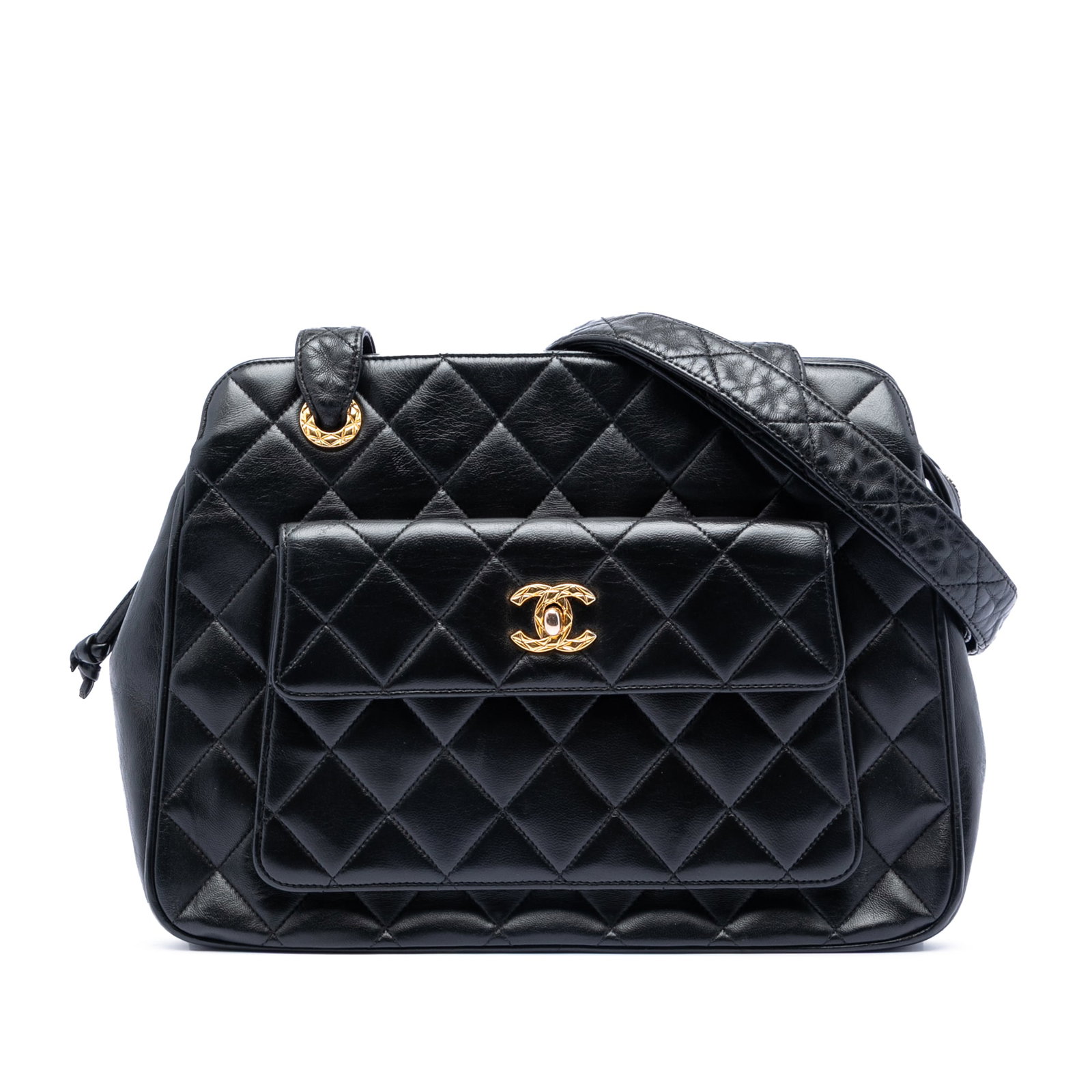 Chanel Black Lambskin Quilted Crossbody Bag with Front Flap Pocket: Chanel Black Lambskin Quilted Crossbody Bag with Front Flap Pocket This Chanel CC Quilted Lambskin Front Pocket Crossbody features a black lambskin leather body with a quilted design, flat leather str