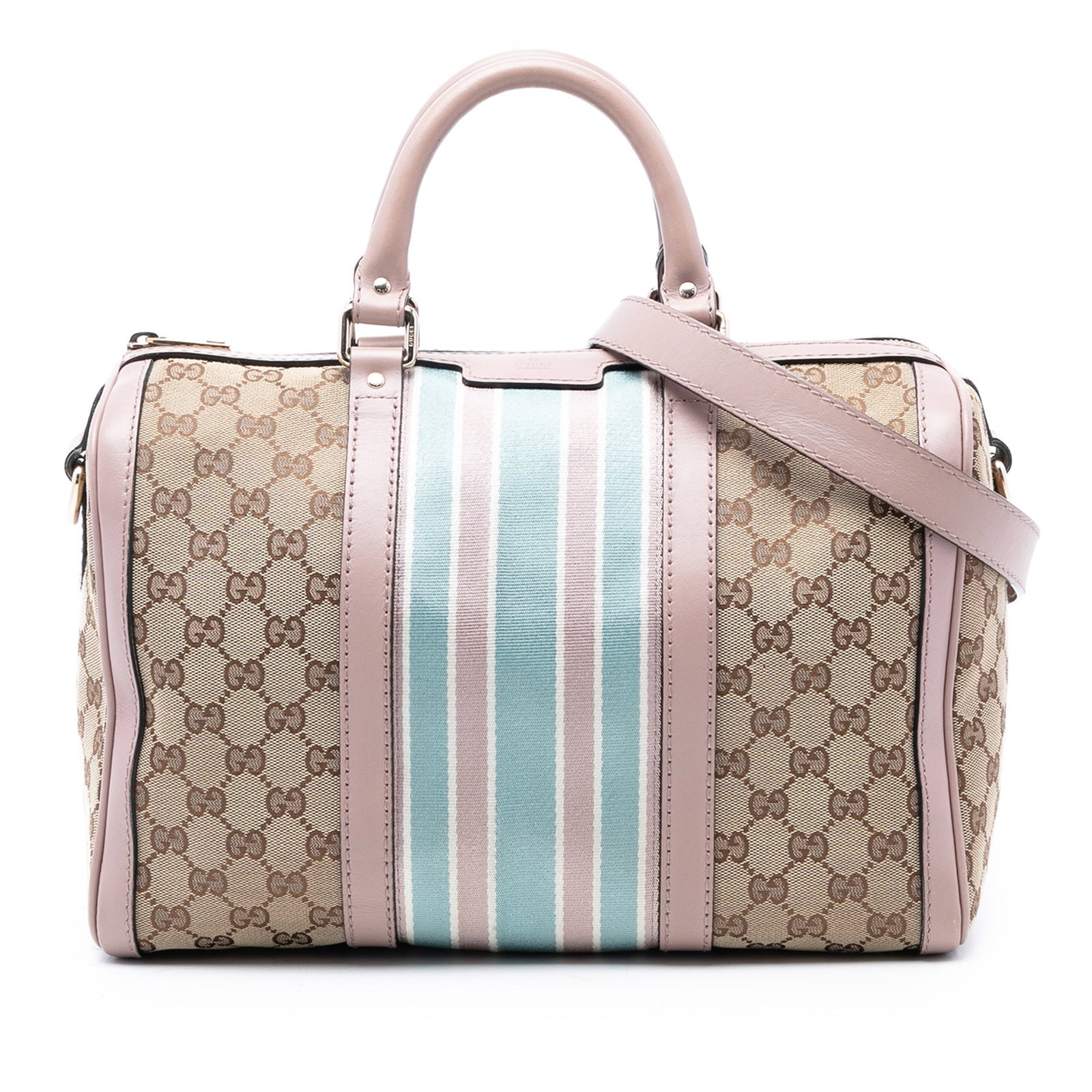 Gucci Joy Boston Satchel with GG Canvas and Web Stripe Medium Size: Gucci Joy Boston Satchel with GG Canvas and Web Stripe Medium Size This Gucci Medium GG Canvas Web Joy Boston Bag features a canvas body with leather trim and web detailing. It includes rolled leather