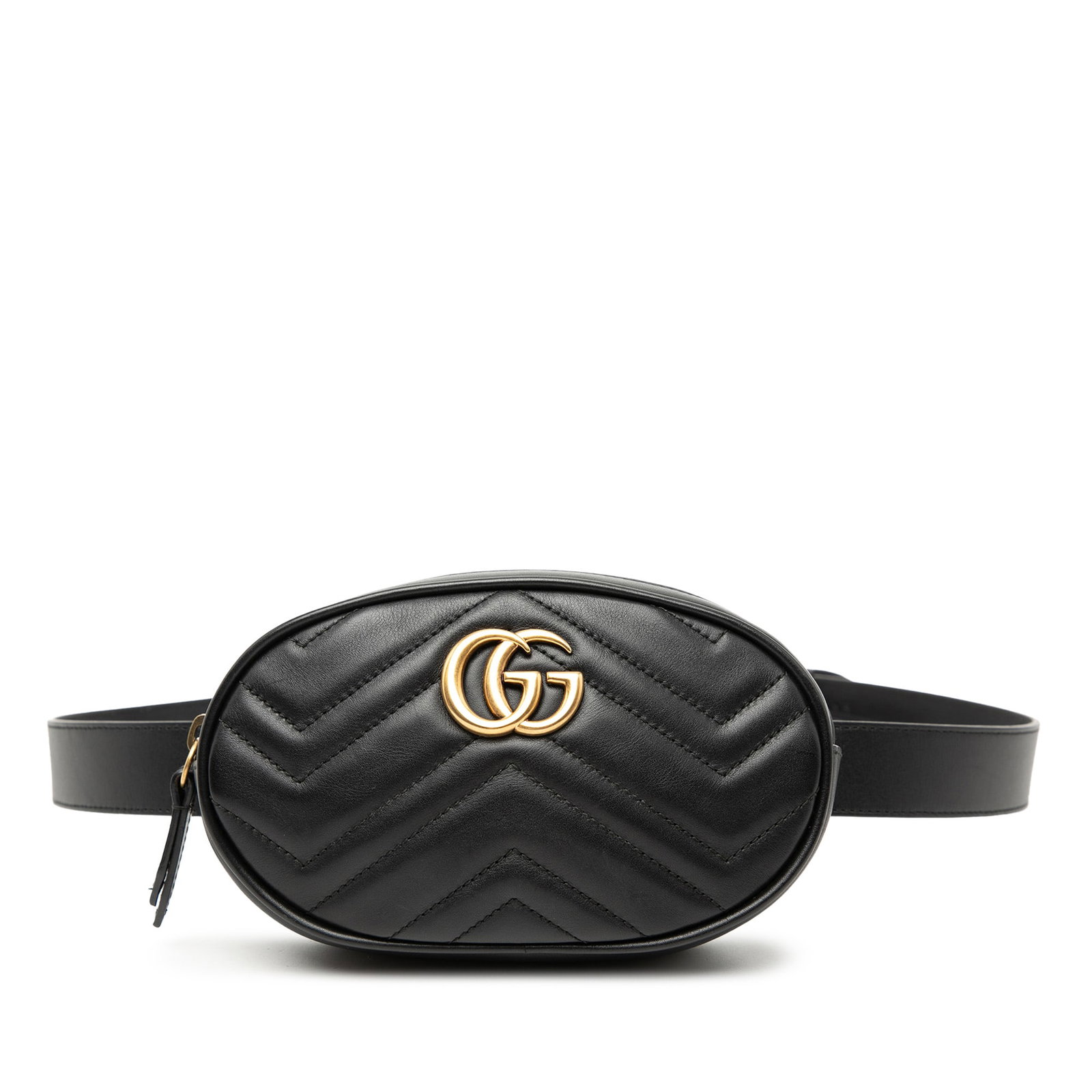 Black Leather GG Marmont Matelasse Belt Bag by Gucci: Black Leather GG Marmont Matelasse Belt Bag by Gucci This Gucci GG Marmont Matelasse leather belt bag features a quilted leather body, an adjustable flat leather waist strap, a top zip closure, and an