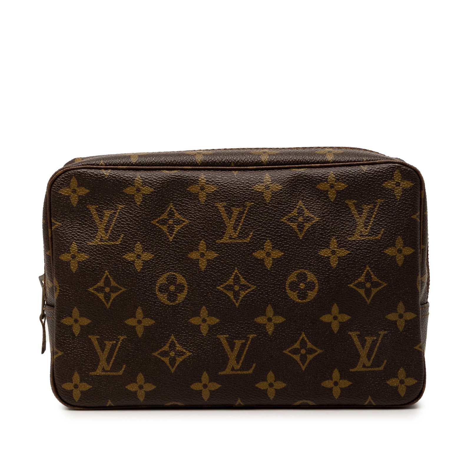 Brown Monogram Canvas Toiletry Pouch by Louis Vuitton Model 23: Brown Monogram Canvas Toiletry Pouch by Louis Vuitton Model 23 This Louis Vuitton Monogram Trousse Toilette 23 features the iconic monogram canvas exterior, a top zip closure, and an interior slip poc