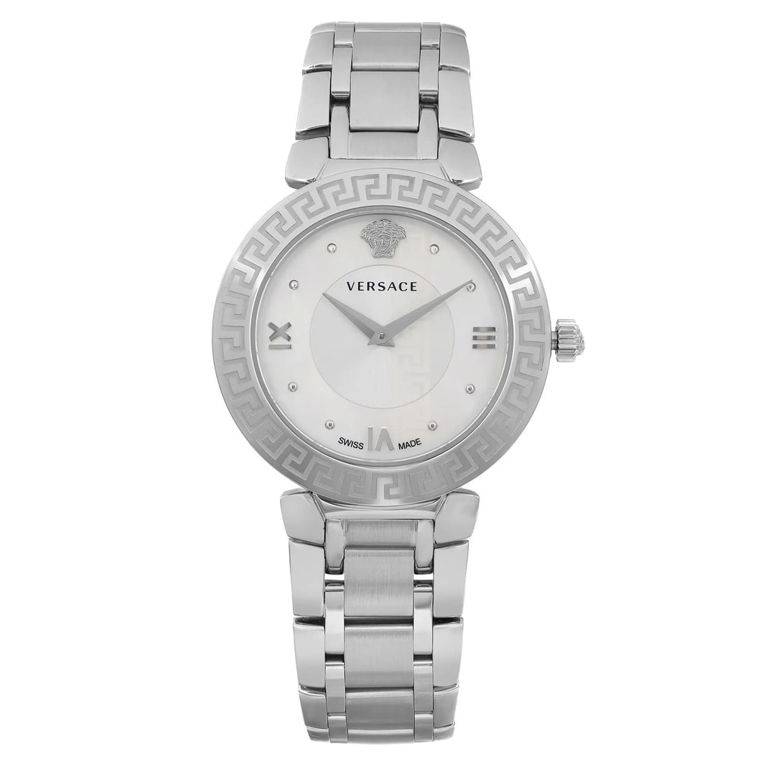 Versace Daphnis 35mm Quartz Watch Gray Mother of Pearl Dial: Versace Daphnis 35mm Quartz Watch Gray Mother of Pearl Dial This stylish Versace Daphnis wristwatch showcases a stunning Mother of Pearl dial, perfect for any casual occasion. The watch features a gra